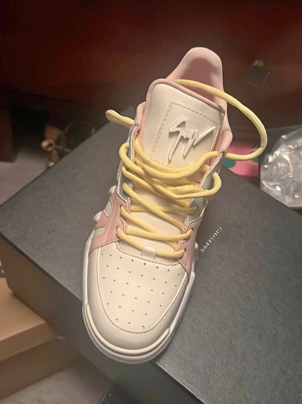 Women’s Pastel Pink & Cream Leather Sneakers with Yellow Laces